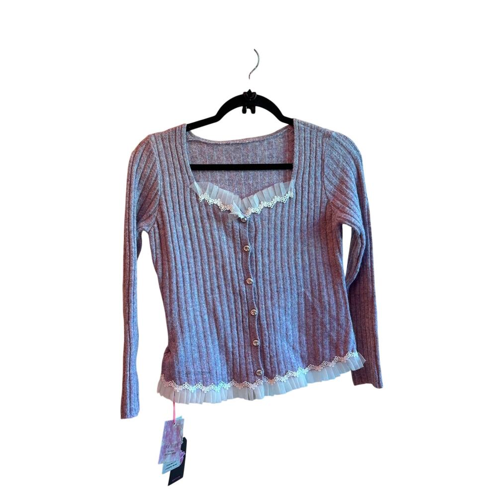 $190 2-Piece Cashmere & Wool Skirt Sweater Set Purple White Lace O/S NWT - Picture 2 of 7